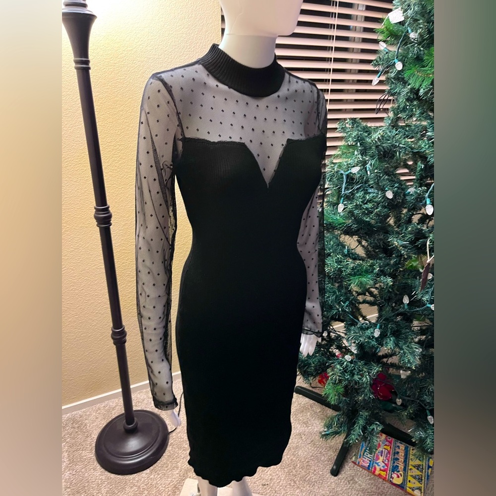 Gorgeous Almost Famous Hostess Dress polka dot mesh long sleeve size XL Juniors